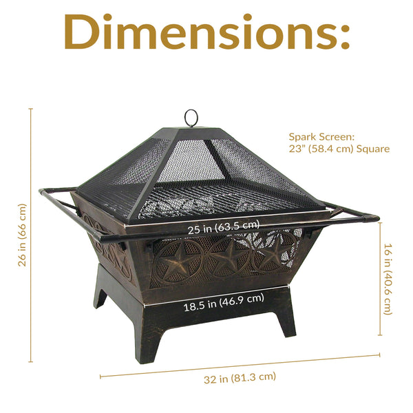 Square Outdoor Wood-Burning Fire Pit with Grill Grate, Spark Screen & Poker