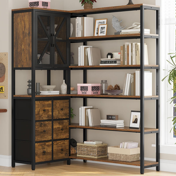 L-Shaped Corner Bookshelf with Fabric Drawers, 6-Tier