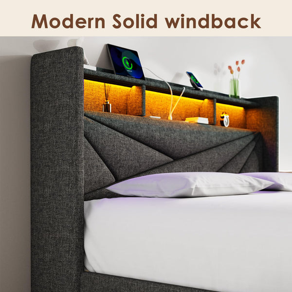 King Bed Frame with Storage Drawers & LED Headboard