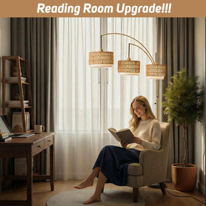 3-Light Arc Floor Lamp with Rattan Wicker Shades, 80 Inch Tall Standing Lamp