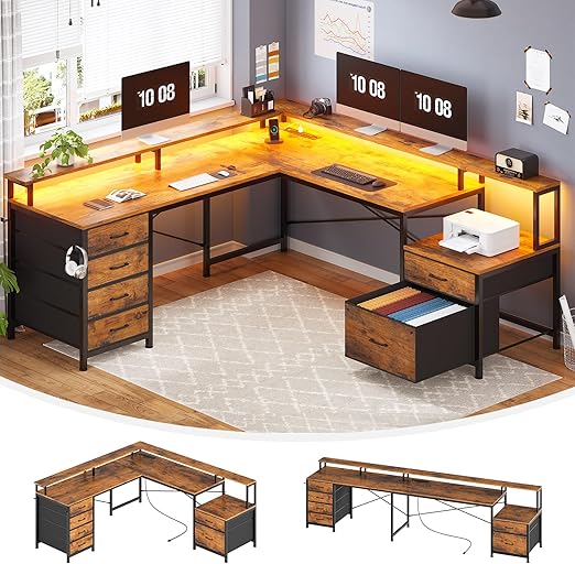L-Shaped Desk with 6 Drawers, Monitor Shelf, Power Outlets & LED Lights