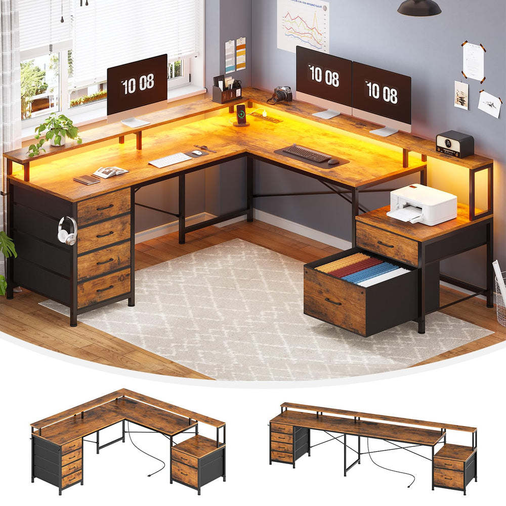L-Shaped Desk with 6 Drawers, Monitor Shelf, Power Outlets & LED Lights