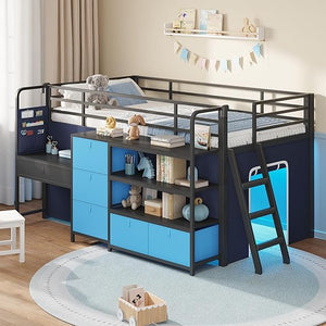 Twin Low Loft Bed with Desk, Storage Drawers, Bookshelf & LED Lights