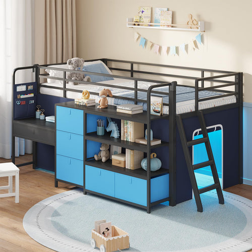 Low Loft Bed with Desk, Storage Drawers & LED Lights – Twin