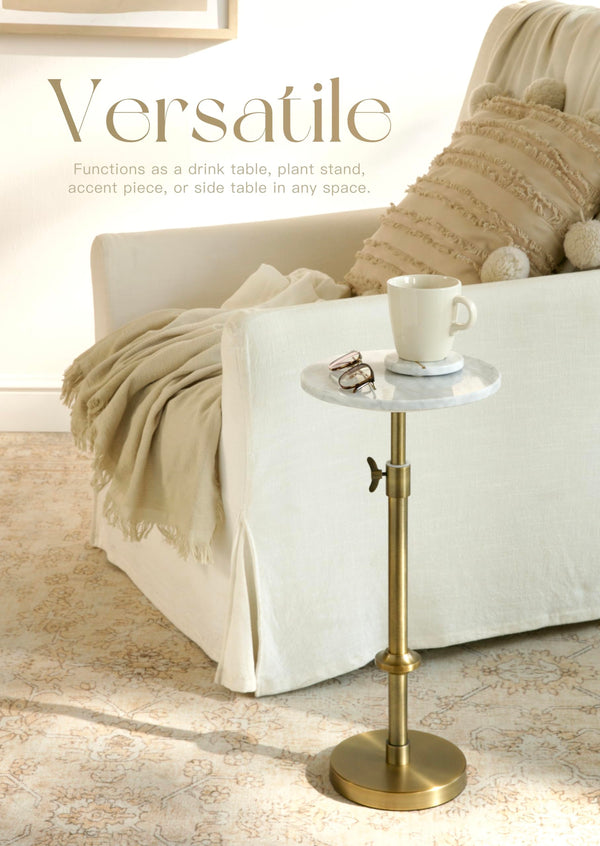Adjustable Height Marble Round Side Table with Pedestal Base