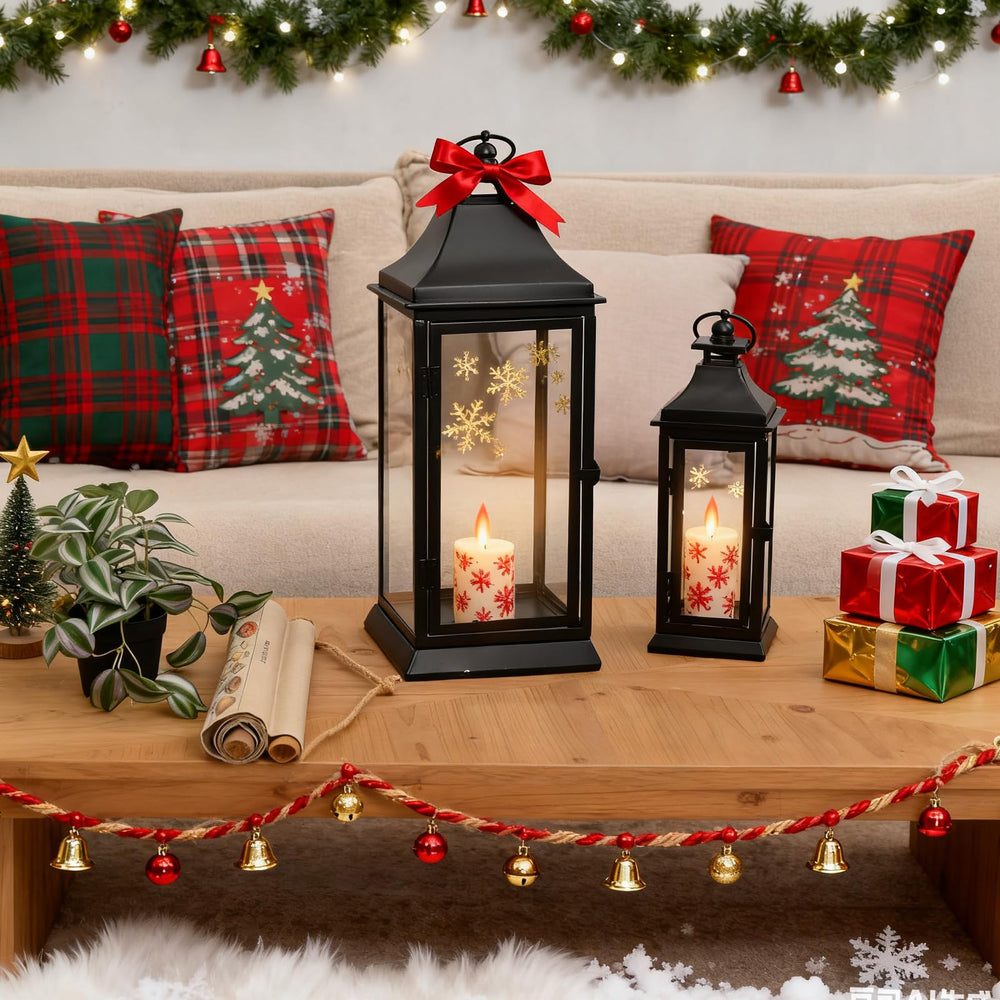 Black Metal Candle Lantern Set of 2 with Glass Panels
