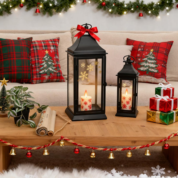 Black Metal Candle Lantern Set of 2 with Glass Panels