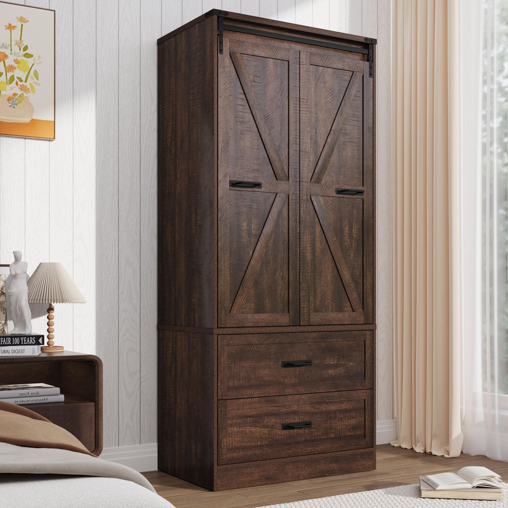 Farmhouse Sliding Door Wardrobe with LED Light & Drawers