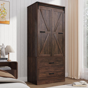 Farmhouse Sliding Door Wardrobe with LED Light & Drawers