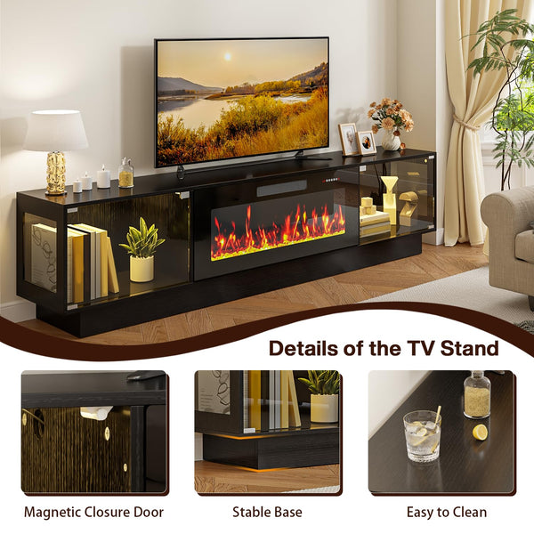 80" Fireplace TV Stand with RGB LED & Glass Doors