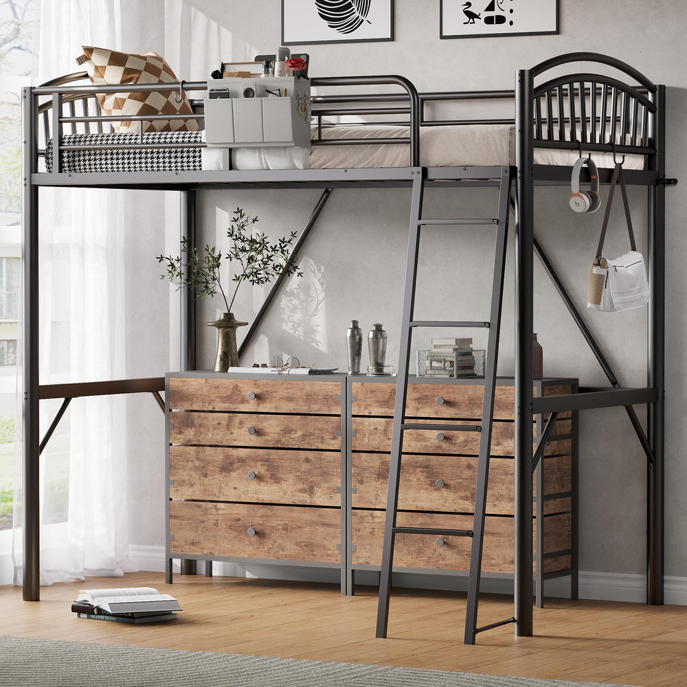 Twin Metal Loft Bed with Guardrails & Convertible Ladder