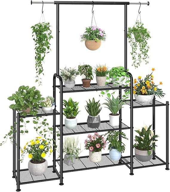 3-Tier Metal Plant Stand with Expandable Hanging Rod
