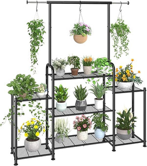 3-Tier Metal Plant Stand with Expandable Hanging Rod