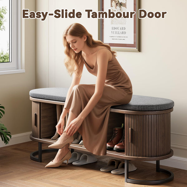Storage Bench with Cushion and Sliding Doors