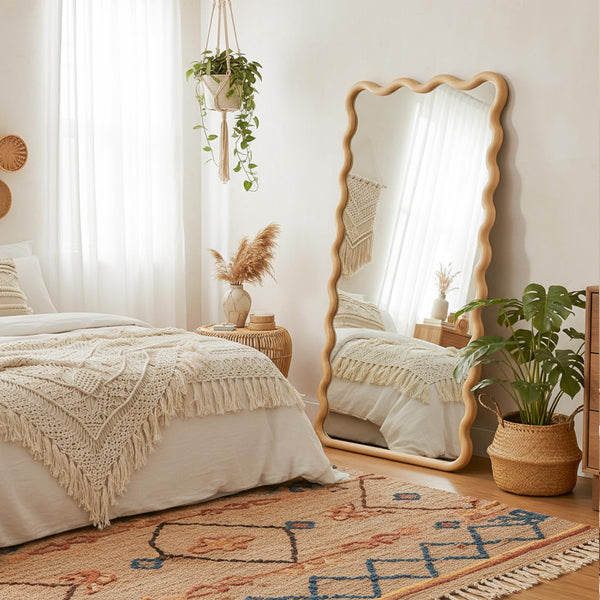 Boho Wavy Wood Floor Mirror
