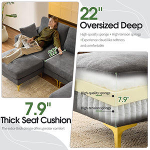 U-Shaped Sectional Sofa with Ottoman – Chenille Cloud Couch, 3-Seater