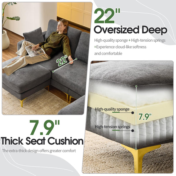U-Shaped Sectional Sofa with Ottoman – Chenille Cloud Couch, 3-Seater