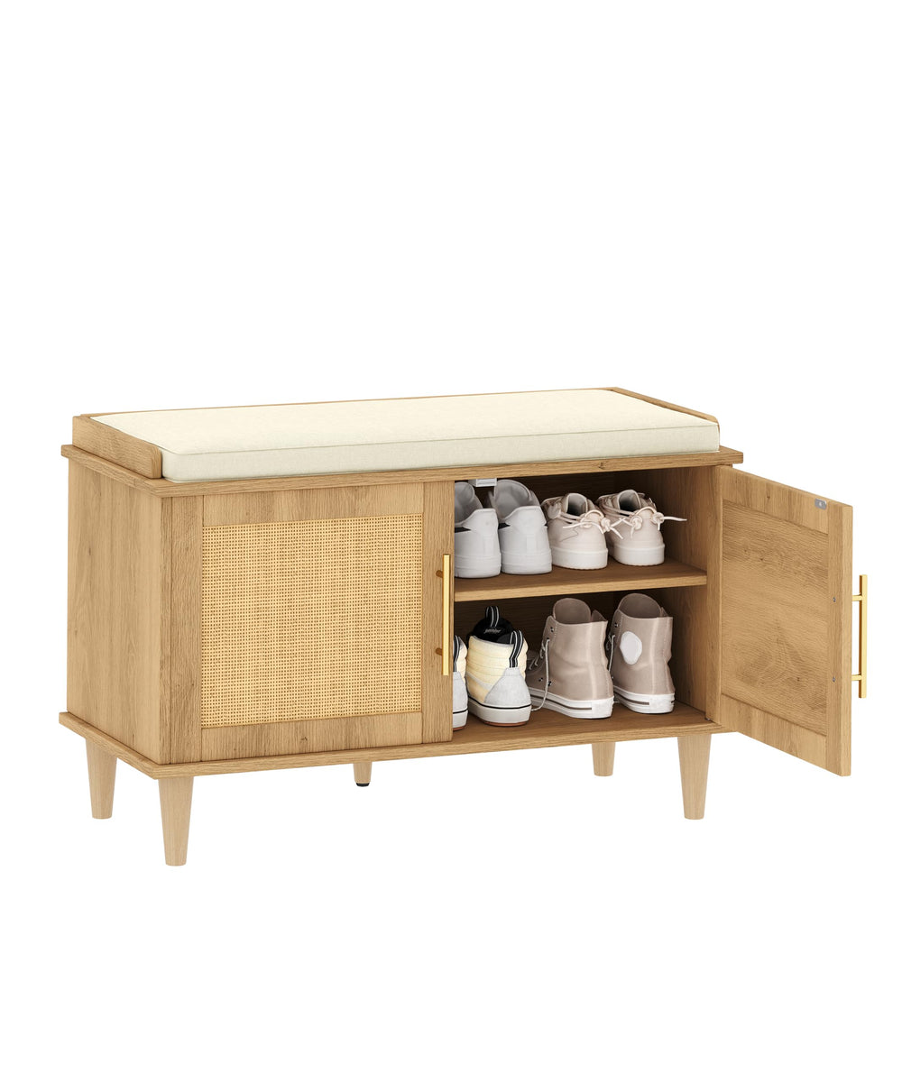 Rattan Shoe Storage Bench with Cushion & Adjustable Shelves