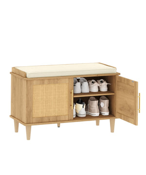 Rattan Shoe Storage Bench with Cushion & Adjustable Shelves