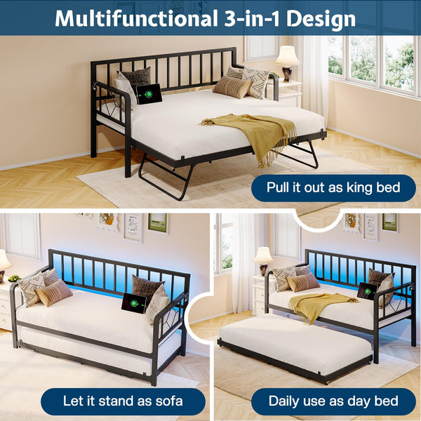 Twin Daybed with Trundle, Charging Station & LED Lights
