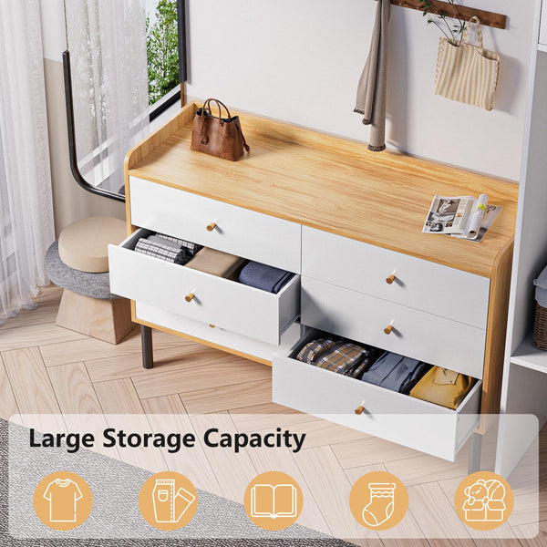 6 Drawer Dresser with Wood Frame and Metal Handles
