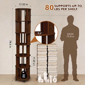 6-Tier Rotating Bookshelf Tower with Lockable Wheels