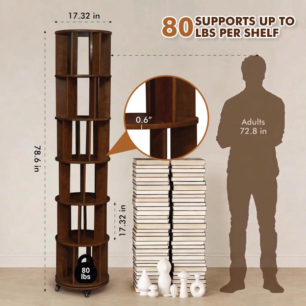 6-Tier Rotating Bookshelf Tower with Lockable Wheels