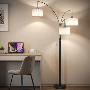 3-Light Arc Floor Lamp with Linen Drum Shades