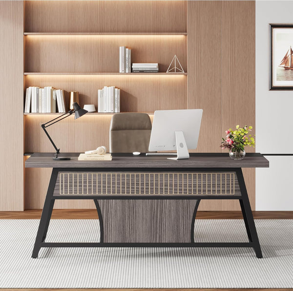63-Inch Double Desk with LED Light & Storage Shelf