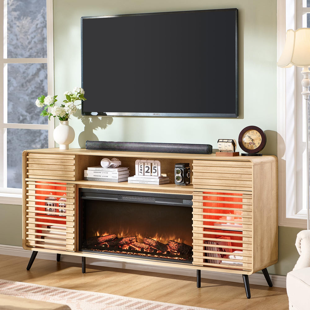 70" Fireplace TV Stand with 36" Electric Fireplace & Slatted Sliding Doors
