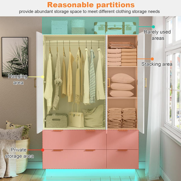 3-Door Wardrobe Armoire with Mirror, LED Lights & Drawers