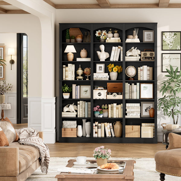 6-Tier Triple Wide Bookcase with Arched Design, 18 Open Shelves