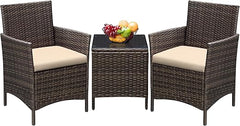 3-Piece Outdoor Rattan Patio Furniture Set with Cushions & Glass Table