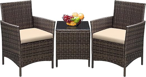 3-Piece Outdoor Rattan Patio Furniture Set with Cushions & Glass Table