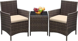 3-Piece Outdoor Rattan Patio Furniture Set with Cushions & Glass Table