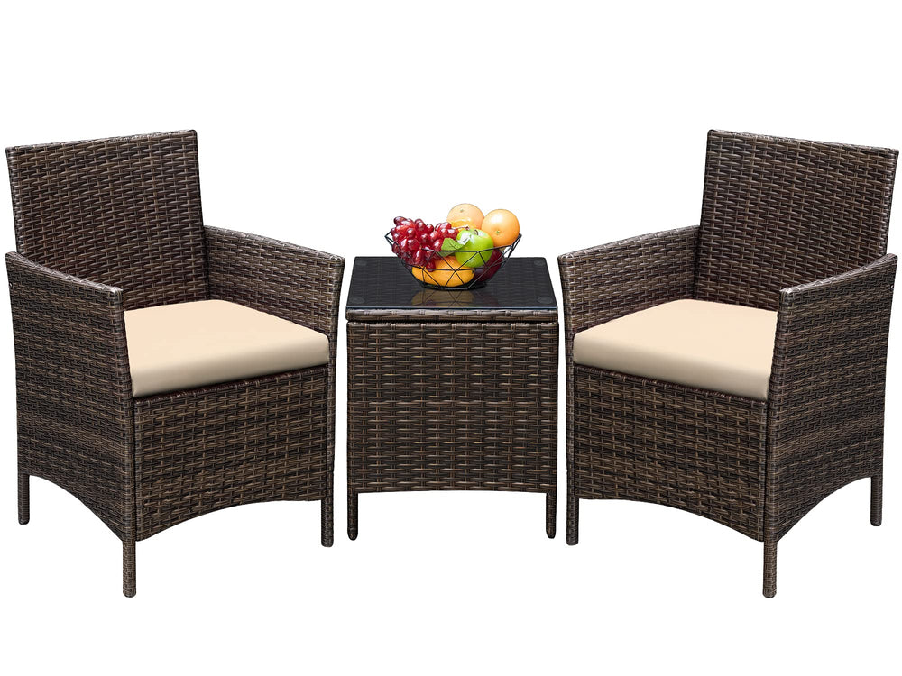3-Piece Outdoor Rattan Patio Furniture Set with Cushions & Glass Table
