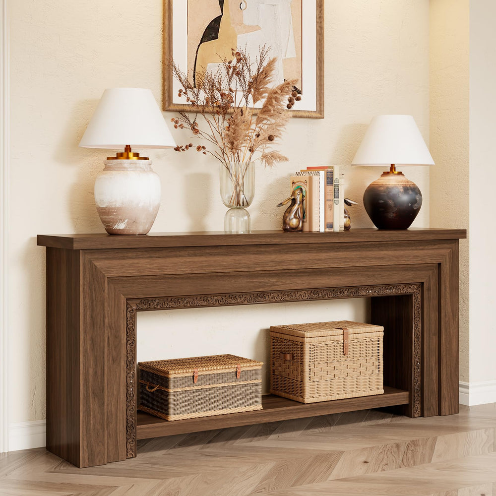 Wood Console Table with Double-Layer Open Storage — Rustic Brown