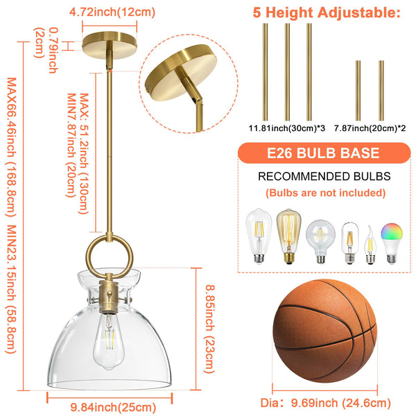 Gold Glass Pendant Light with Clear Round Shade