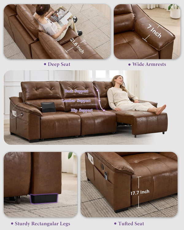 Electric Power Reclining Sectional Sofa with USB Charging & Cup Holders