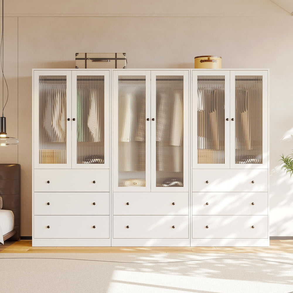 Wardrobe Closet with Fluted Glass Doors & Hanging Rod