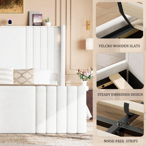 Queen Velvet Platform Bed with Wingback Headboard & Reading Lights