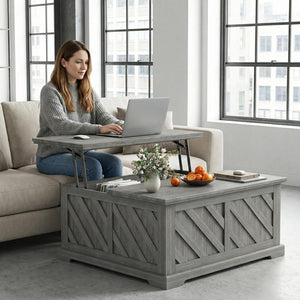 Lift-Top Coffee Table with Hidden Storage & Diagonal Pattern