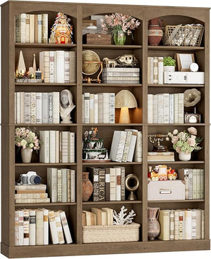 6-Tier Triple Wide Bookcase with Arched Design, 18 Open Shelves