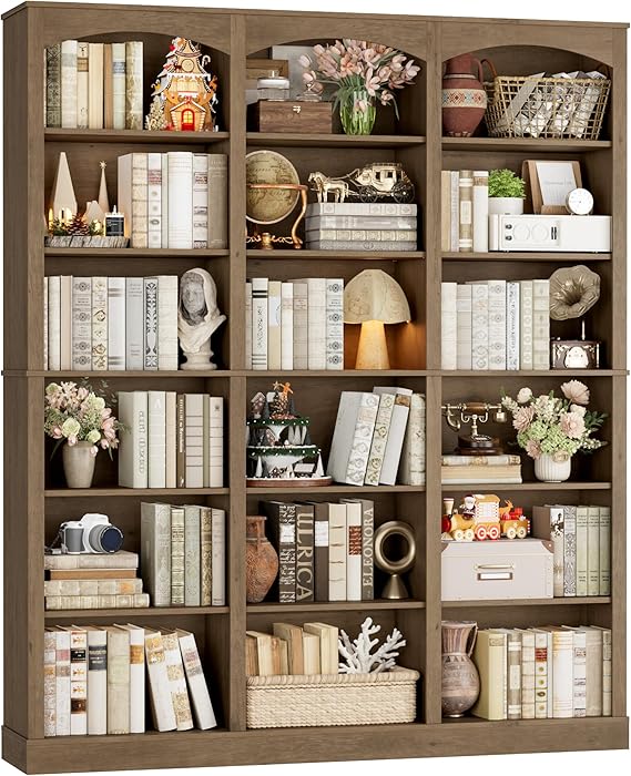 6-Tier Triple Wide Bookcase with Arched Design, 18 Open Shelves