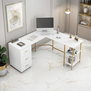 L-Shaped Computer Desk with Drawers & Storage Shelves