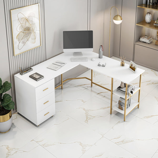 L-Shaped Computer Desk with Drawers & Storage Shelves