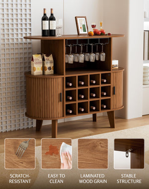 Wine Bar Cabinet with Sliding Tambour Door, Glass Shelves & 12 Wine Racks