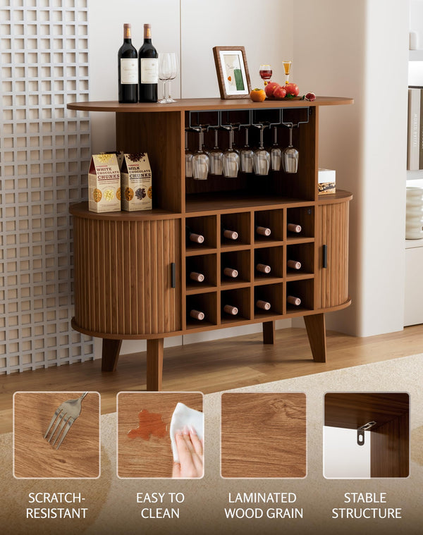 Wine Bar Cabinet with Sliding Tambour Door, Glass Shelves & 12 Wine Racks