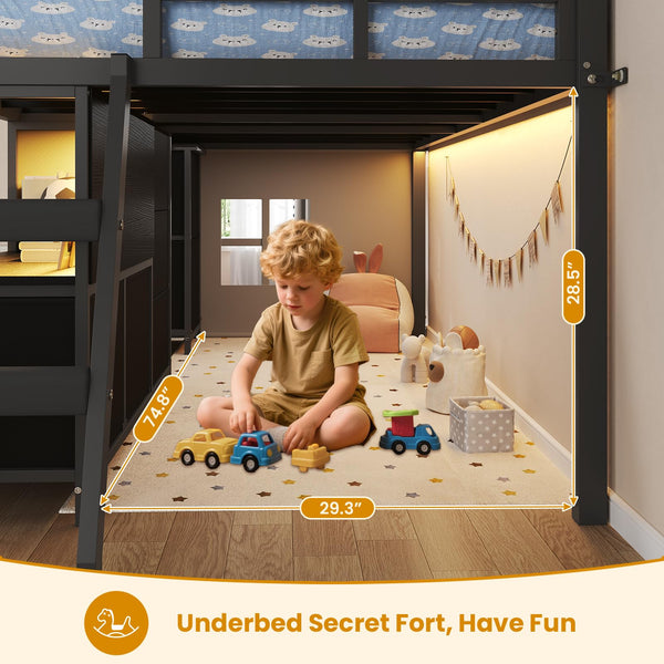Twin Low Loft Bed with Storage Drawers, Bookcase & LED Lights