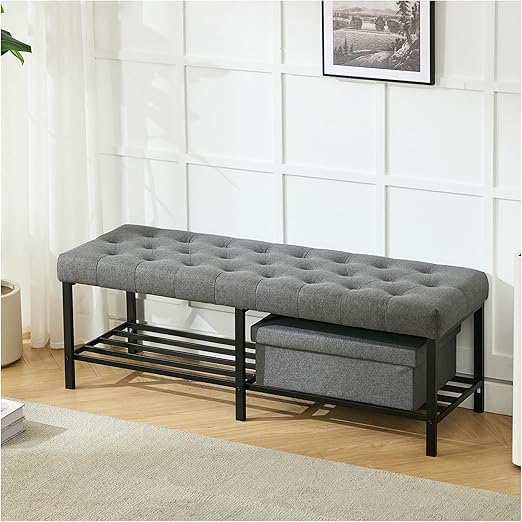 Tufted Faux Leather Storage Bench with Metal Frame